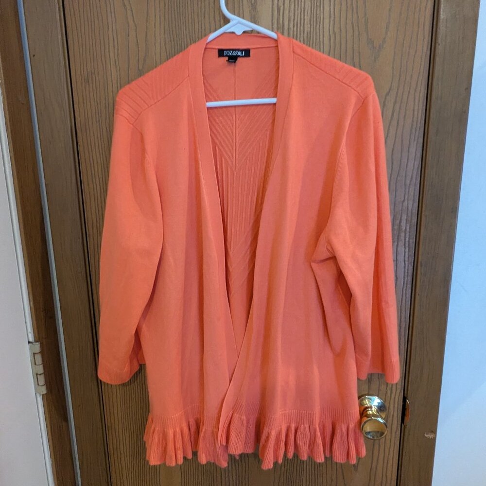 Roz and Ali Flutter Hem 3/4 Sleeve Cardigan Sweater with Stitched Detailing - 2X